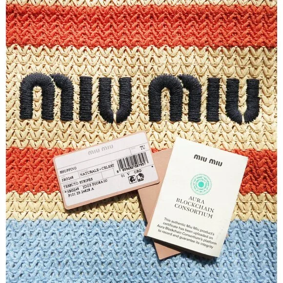 MIU MIU LIght Blue Beige Orange Raffia-Effect Embroidery Vertical Woven Tote Bag - Picture 7 of 9
